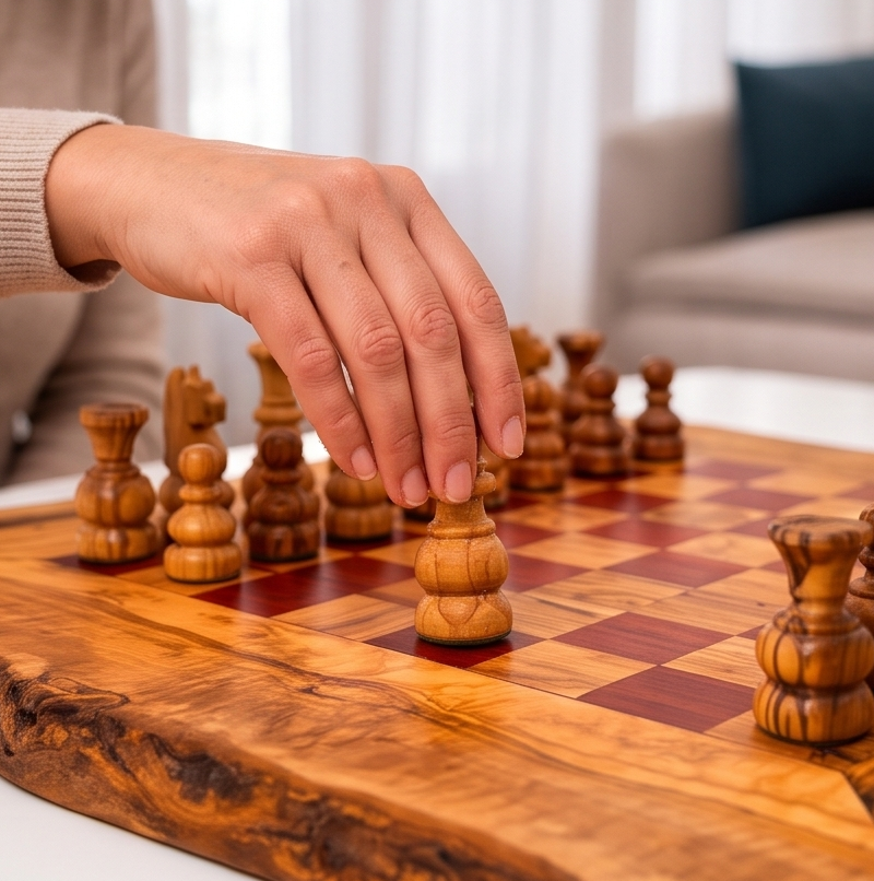 Olive Wood Handcrafted Rustic Shaped Wooden Chess Board Set With Pieces