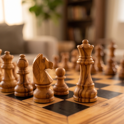 Olive Wood Handcrafted Rustic Shaped Wooden Chess Board Set With Pieces