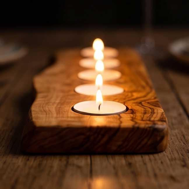 Olive Wood Flat Wooden Tealight Candle Holder - Various Sizes