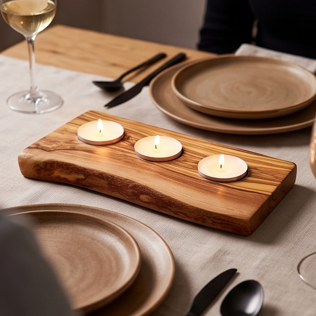 Olive Wood Flat Wooden Tealight Candle Holder - Various Sizes