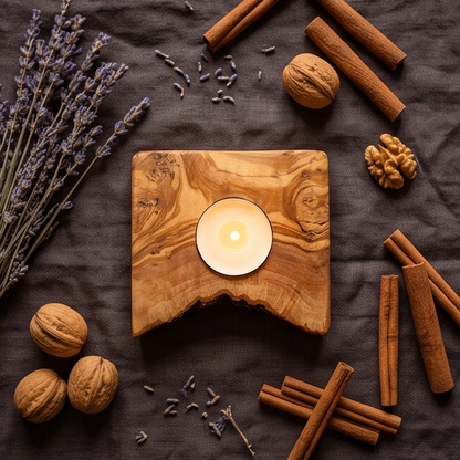 Olive Wood Flat Wooden Tealight Candle Holder - Various Sizes
