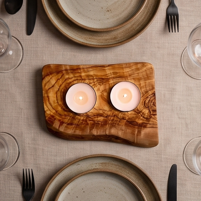 Olive Wood Flat Wooden Tealight Candle Holder - Various Sizes