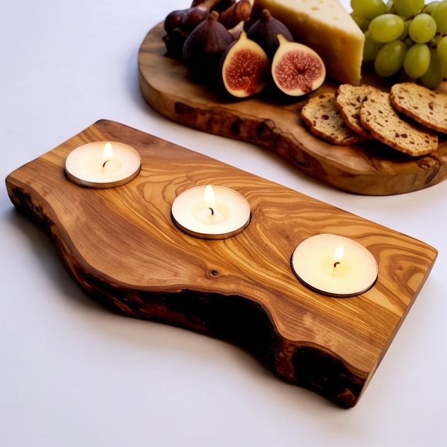 Olive Wood Flat Wooden Tealight Candle Holder - Various Sizes