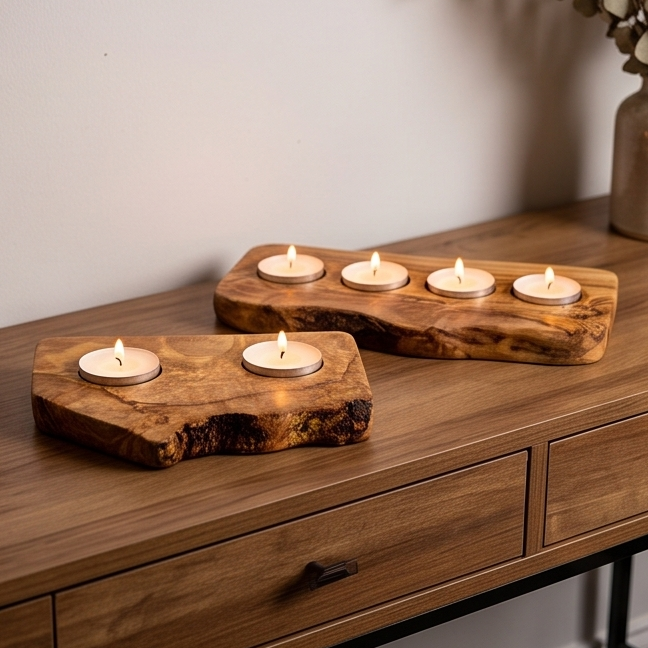Olive Wood Flat Wooden Tealight Candle Holder - Various Sizes