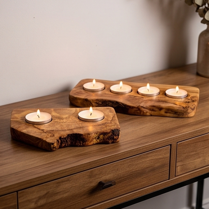 Olive Wood Flat Wooden Tealight Candle Holder - Various Sizes