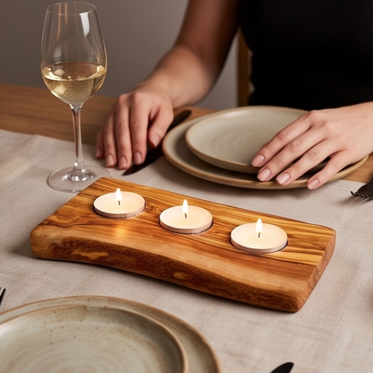 Olive Wood Flat Wooden Tealight Candle Holder - Various Sizes