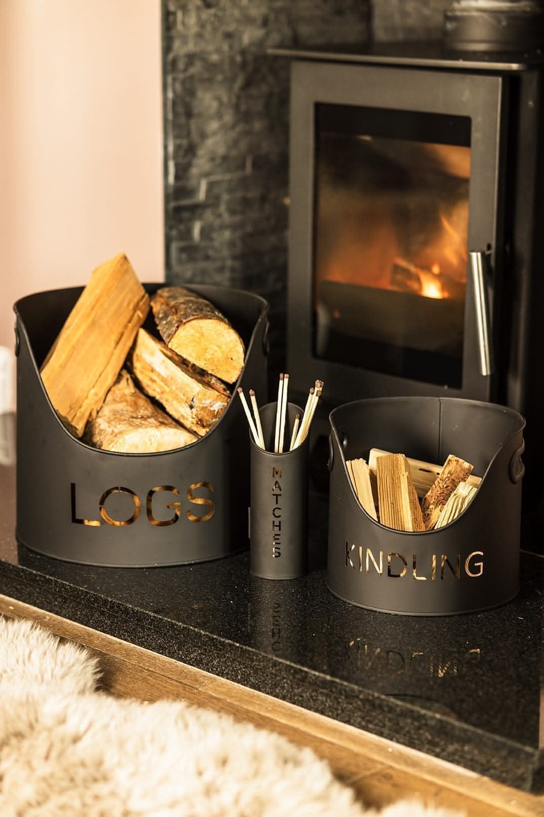 3 Piece Metal Log Kindling and Matchstick Holder Fireplace Set