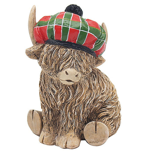 Highland Cow Figurine in Tartan Hat