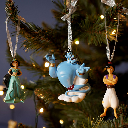 Disney character hanging ornaments: Genie, Jasmine, and Aladdin on tree