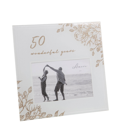 Pale grey glass photo frame with gold floral design and “50 wonderful years” text