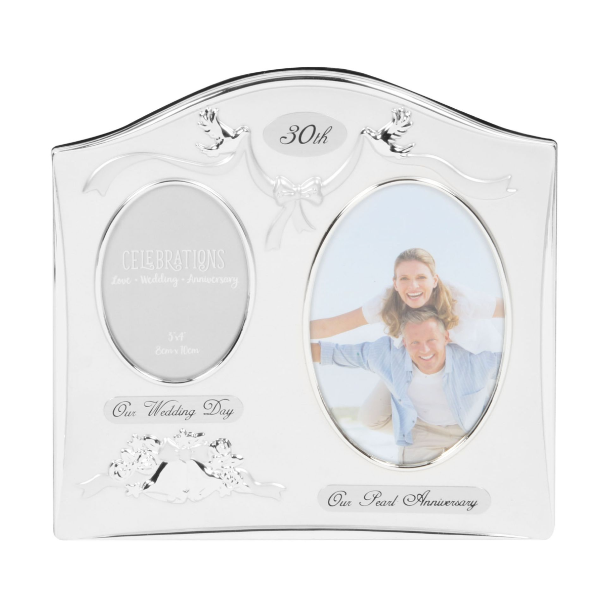 Two-tone silver photo frame with oval cutouts for 30th anniversary and two photos
