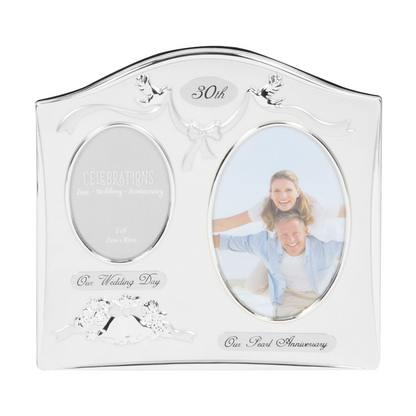 Two-tone silver photo frame with oval cutouts for 30th anniversary and two photos