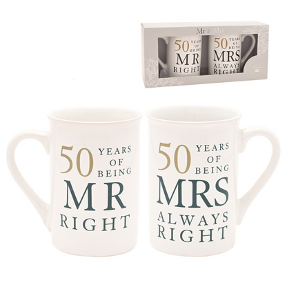 Set of 2 white mugs: MR RIGHT and MRS ALWAYS RIGHT, 50 years design