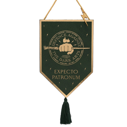 Green "Expecto Patronum" banner pendant with gold text and black tassel