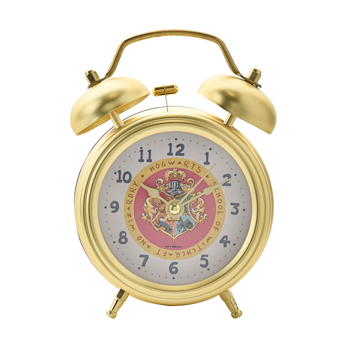 Gold twin-bell alarm clock with Hogwarts crest dial and numbered hands