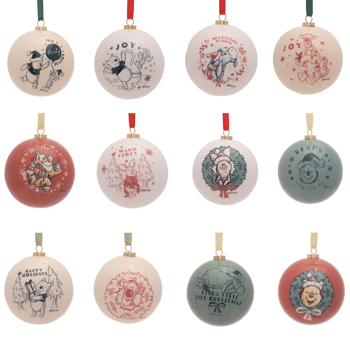 Set of 12 round Winnie the Pooh baubles with character prints and hanging loops