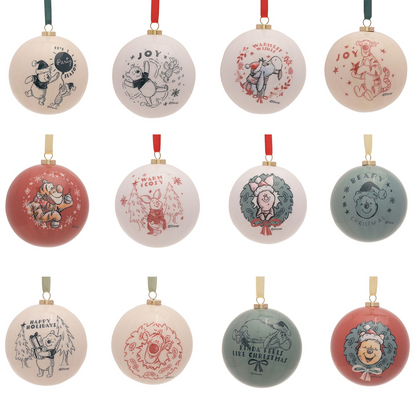 Set of 12 round Winnie the Pooh baubles with character prints and hanging loops