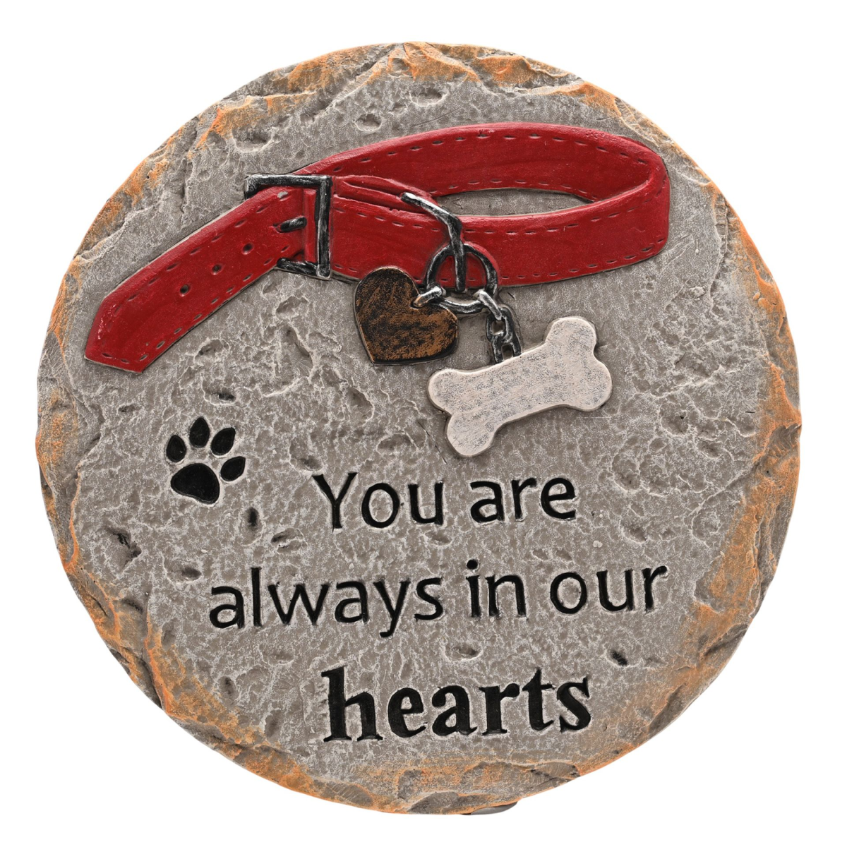 Pet memorial stone with red collar, paw print, bone charm, text “You are always in our hearts”.