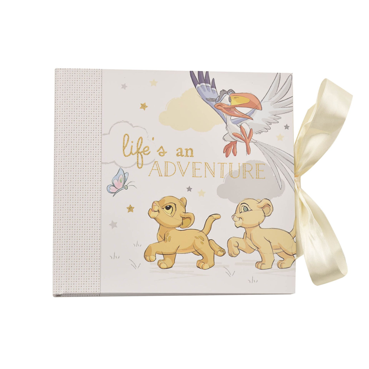 Photo album with Simba and lion cubs cartoon cover, "Life's an Adventure" title