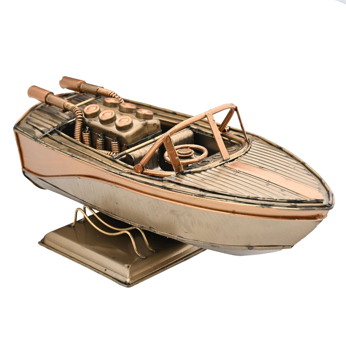 Wood and metal speed boat ornament with open deck and detailed engine