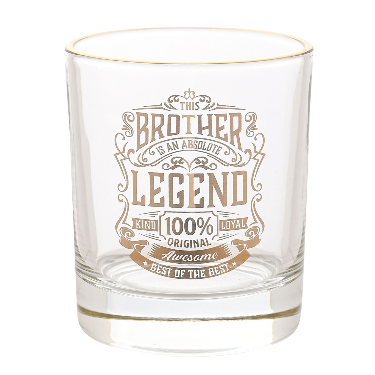Clear Legend tumbler glass with gold Brother crest and printed slogan