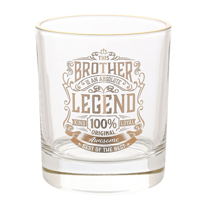Clear Legend tumbler glass with gold Brother crest and printed slogan