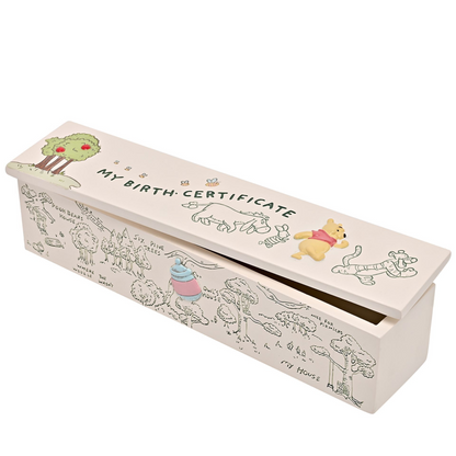 My Birth Certificate tube with Pooh, Piglet, and Tigger line-art on cream box