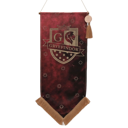 Gryffindor maroon hanging banner with Hogwarts crest, gold trim, and tan tassel fringe