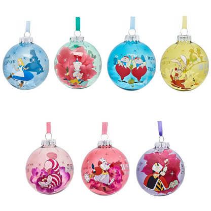 Disney Alice in Wonderland bauble set: assorted round glass ornaments with character art