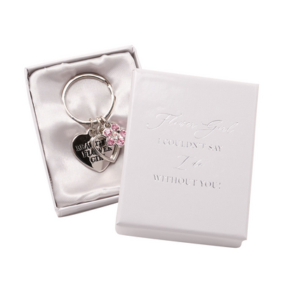 Flower girl keyring with heart charm, pink rhinestone flower cluster, gift box