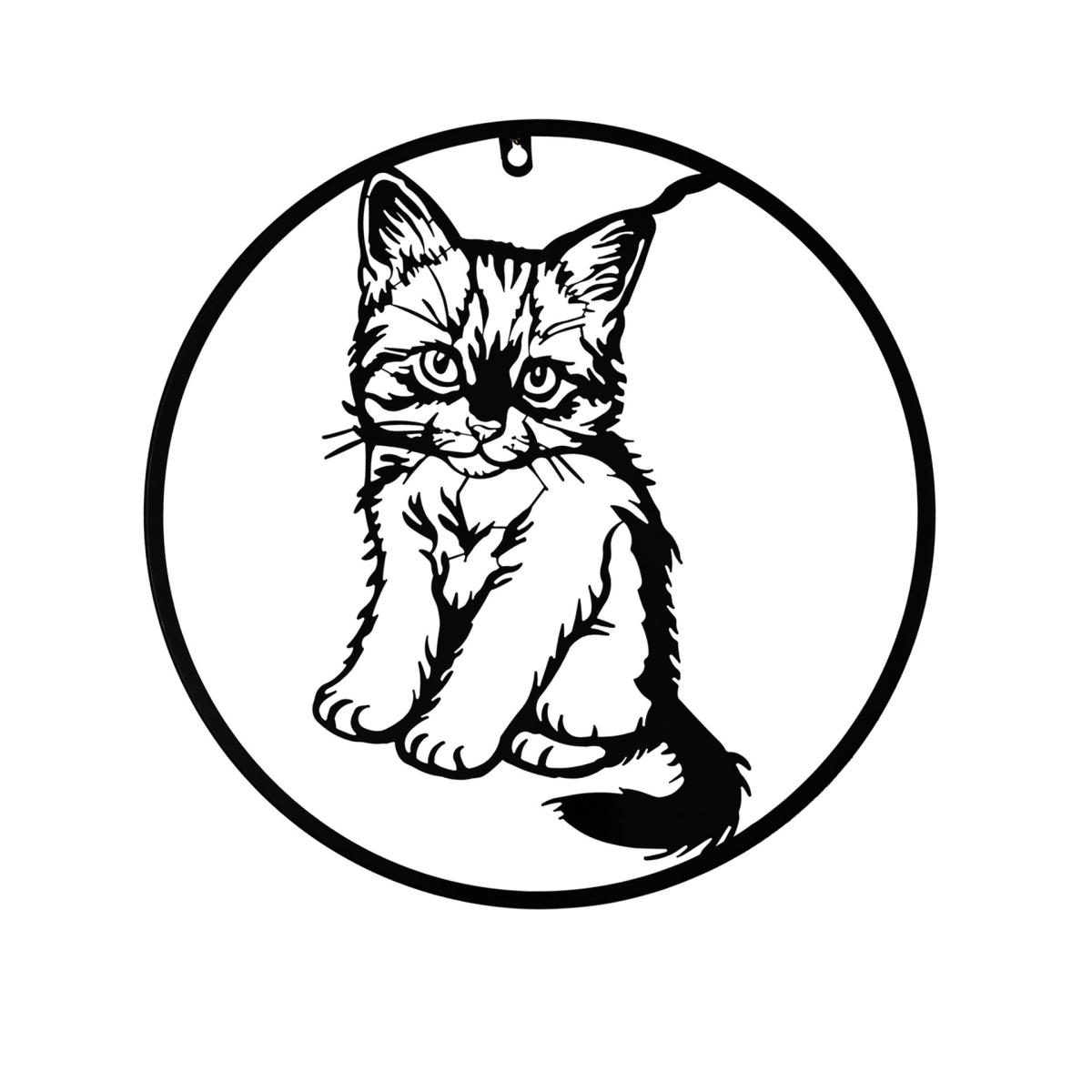 Cat metal wall art with circular frame and black etched cat design