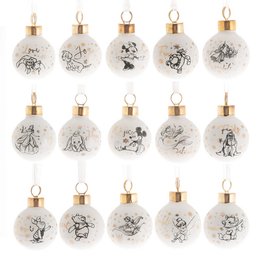 White ceramic baubles with gold caps and character line art, hanging set