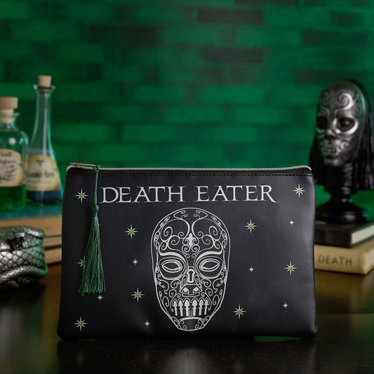 Black zipper makeup pouch with Death Eater lettering, skull emblem, and green tassel