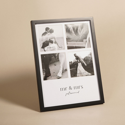 Black multi-aperture photo frame with four wedding photos and 'mr & mrs' text