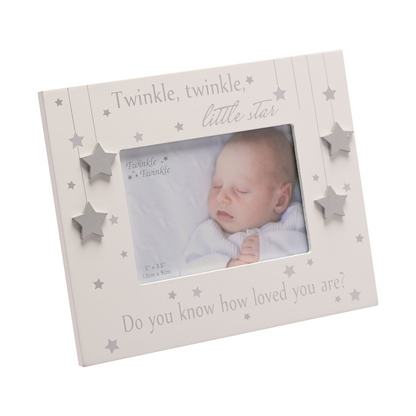 Baby photo frame with star cutouts, gray trim, and clear window for 5 x 3.5 in photo