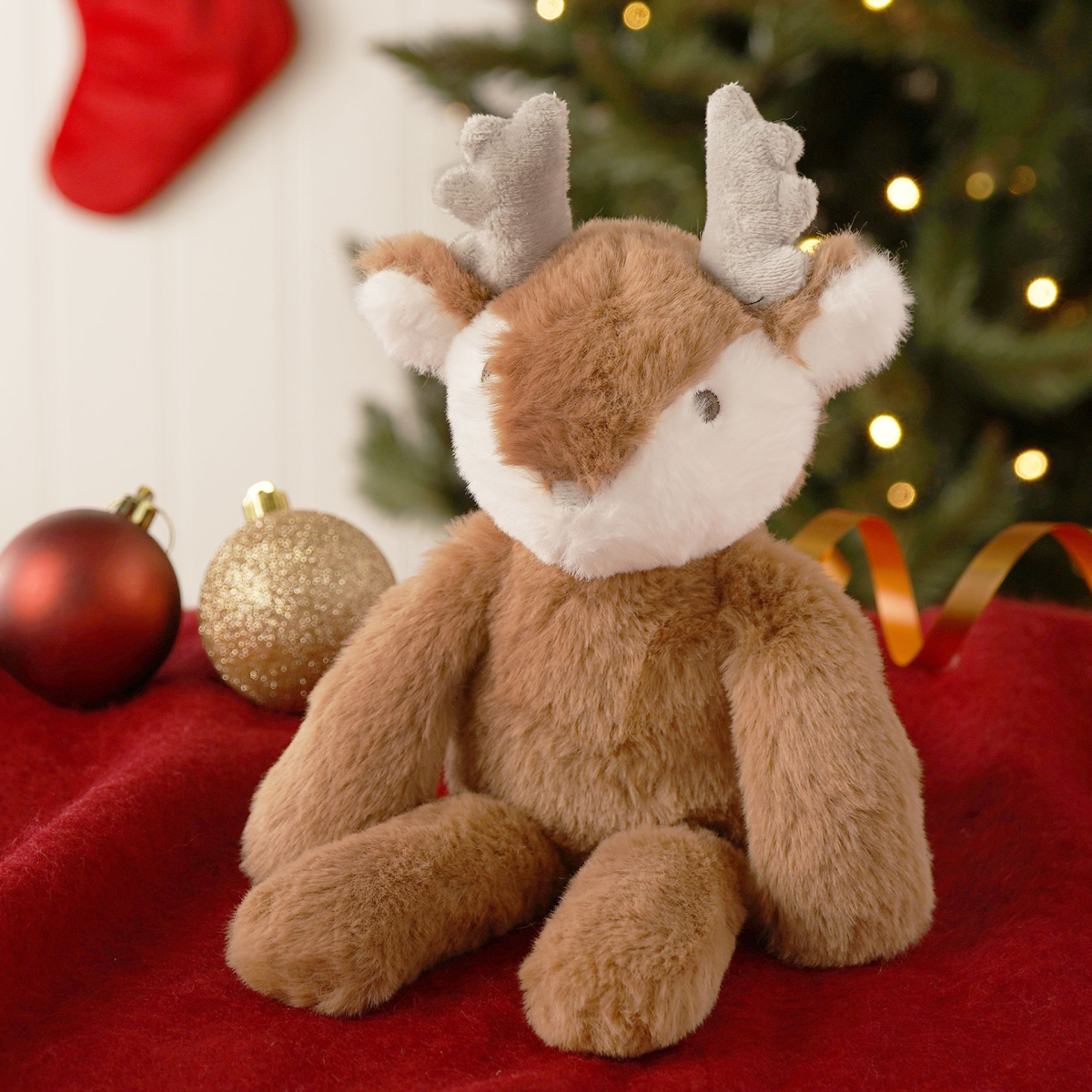 Dark brown plush long-leg reindeer with white muzzle and gray antlers, 30 cm