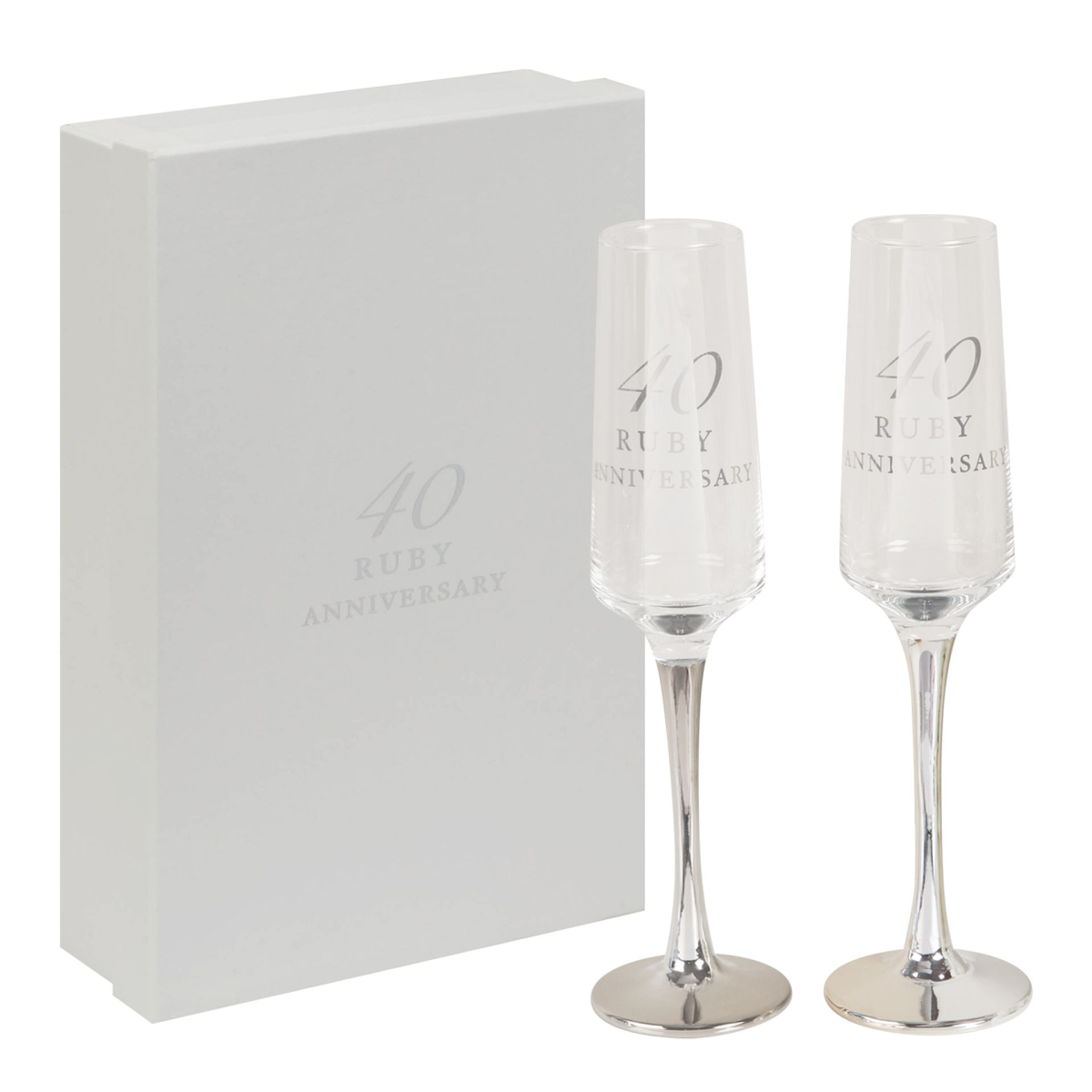 Set of 2 champagne flutes with "40 Ruby Anniversary" engraving and chrome bases
