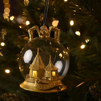 Gold LED Hagrid’s Hut ornament, clear globe with spider, hanging loop
