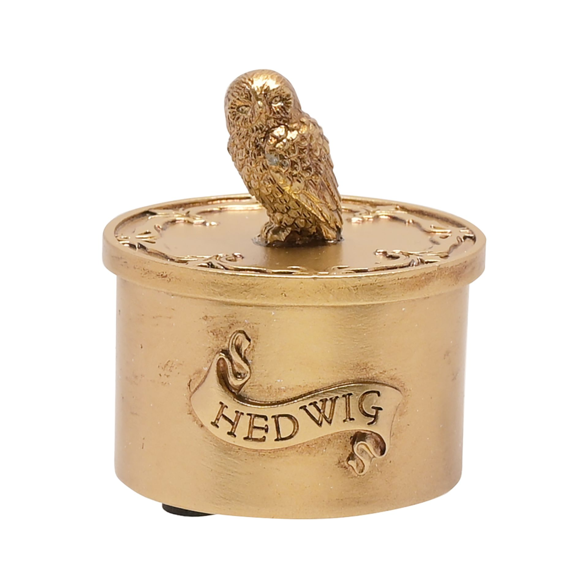 Gold metal Hedwig trinket box with hinged lid and owl figurine on top
