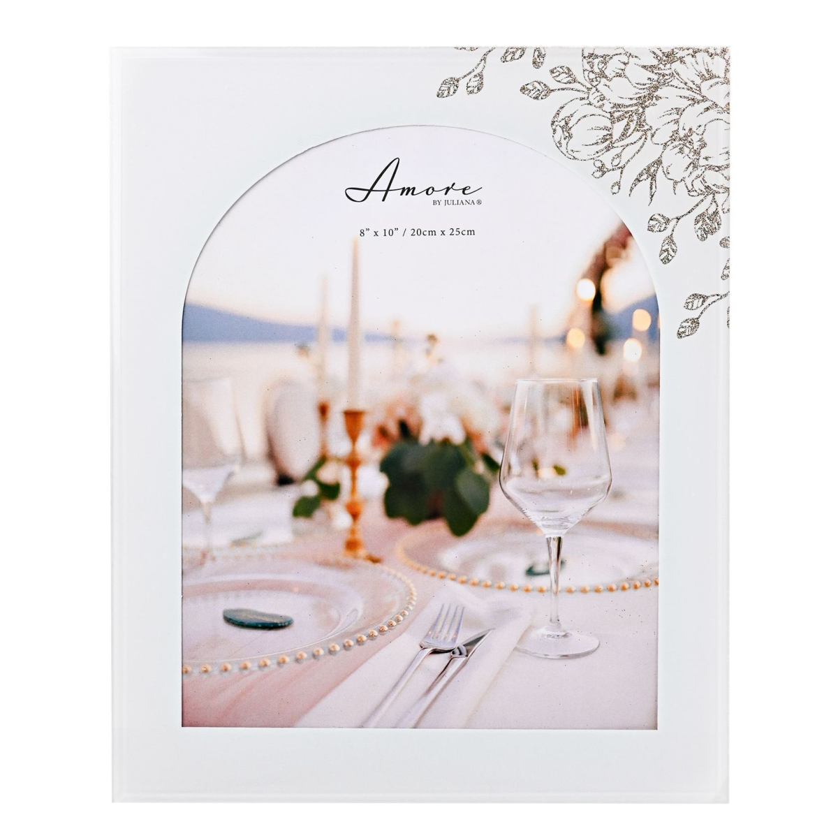 White arch glass photo frame with floral corner detail, 8x10 in size