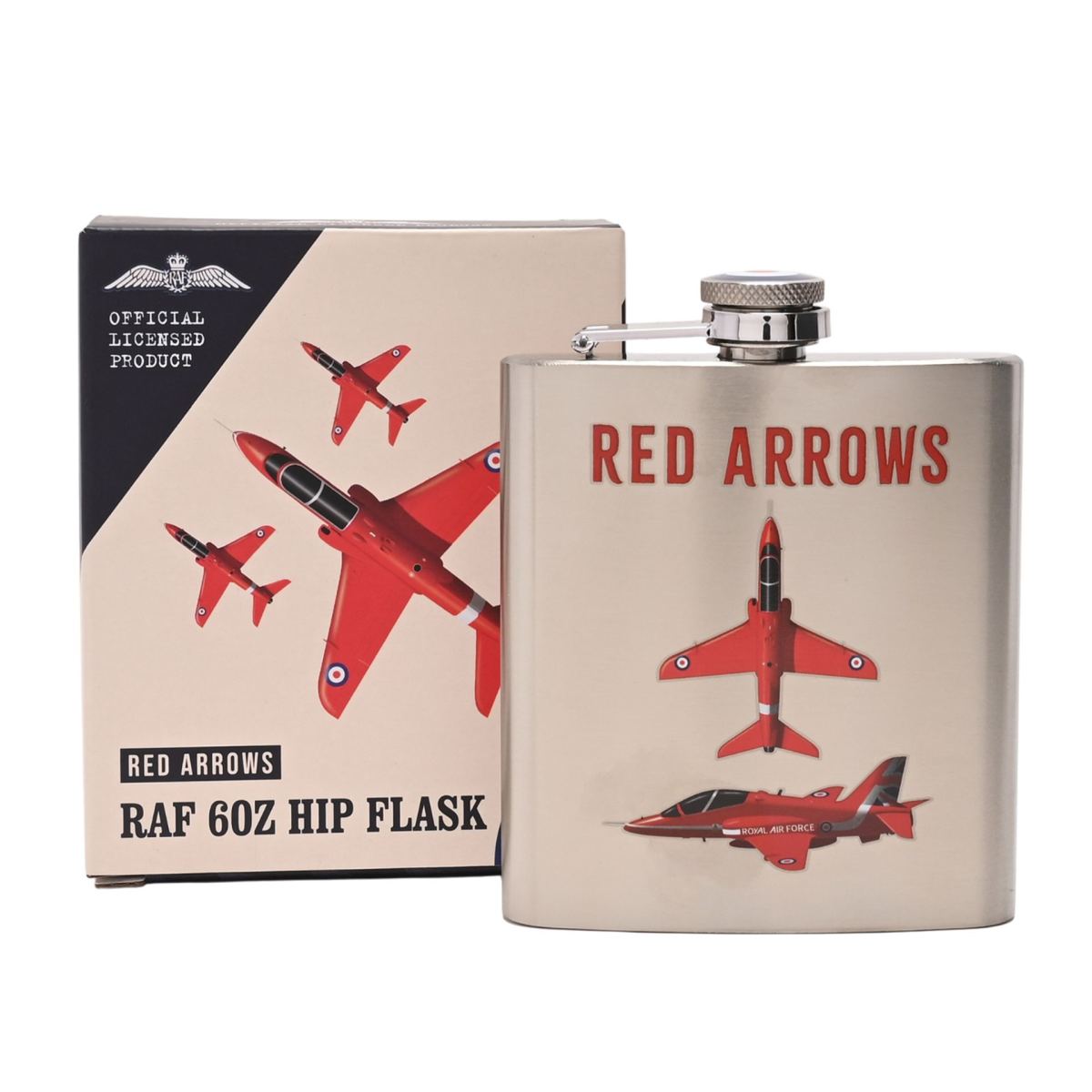 Stainless hip flask with screw cap; “RED ARROWS” graphic and RAF-style gift box