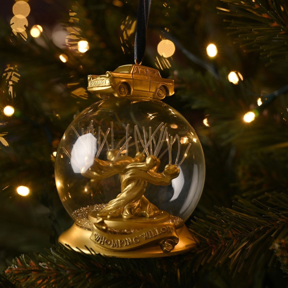LED Whomping Willow bauble ornament with gold tree, car, and beaded string light effect