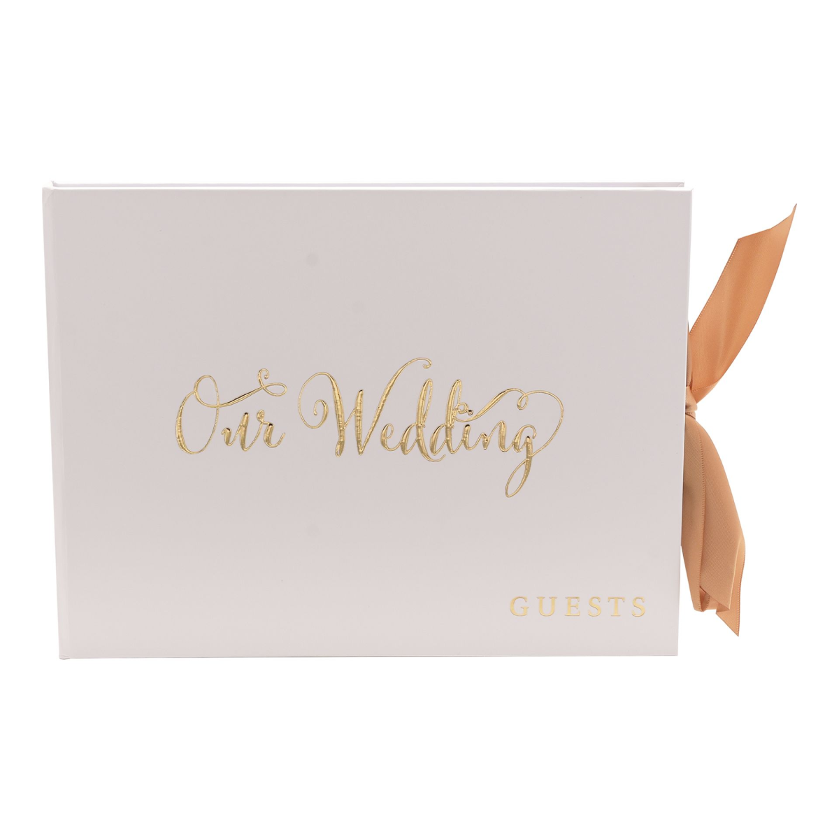 White wedding guest book with gold foil "Our Wedding" cover and "Guests" label