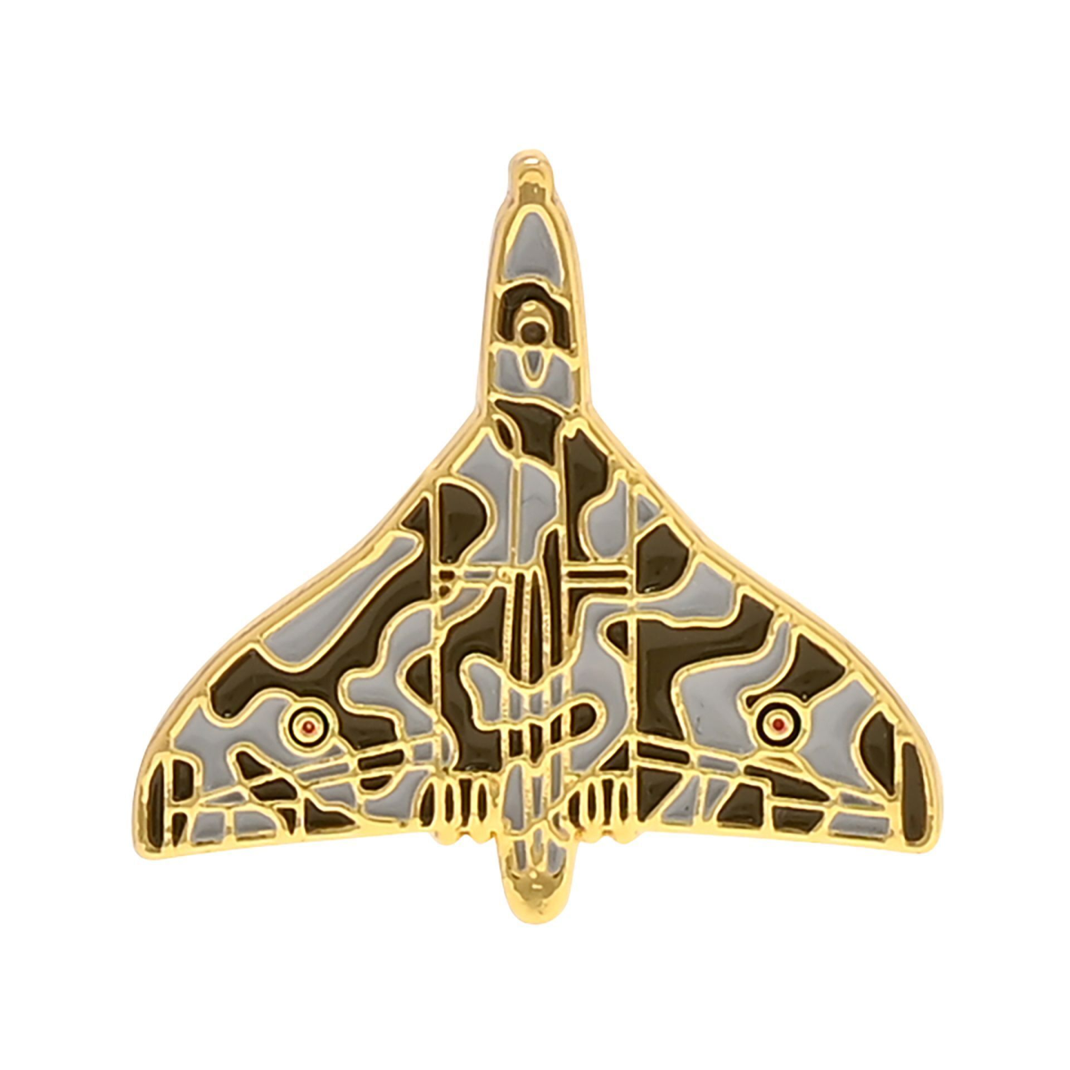 Gold-tone enamel RAF Vulcan aircraft lapel pin with black and gold detailing