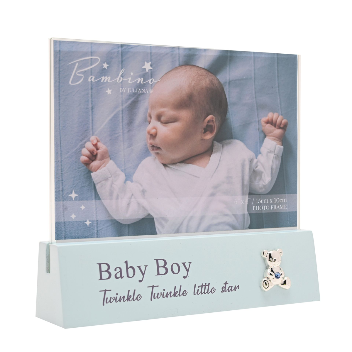 Baby boy photo block frame with blue baby portrait, 'Baby Boy' text, and teddy charm