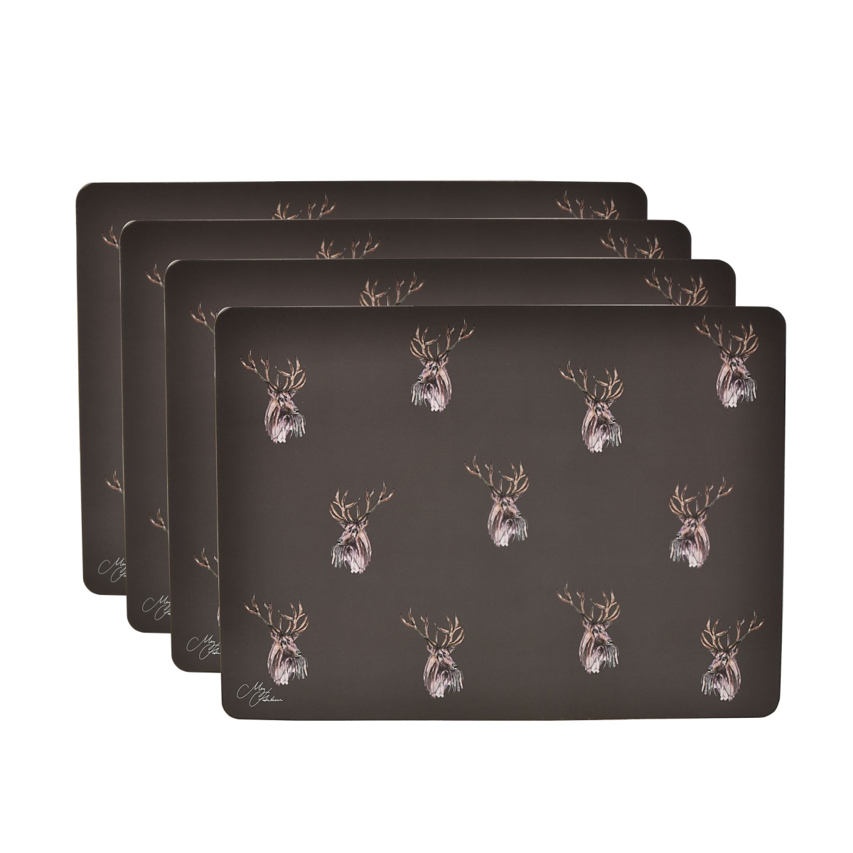 Set of four dark placemats with gold-and-white stag head pattern, stacked.