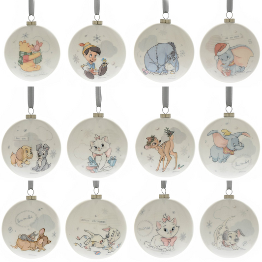Set of 12 round Christmas baubles with illustrated animal and child designs, hanging ribbon loop