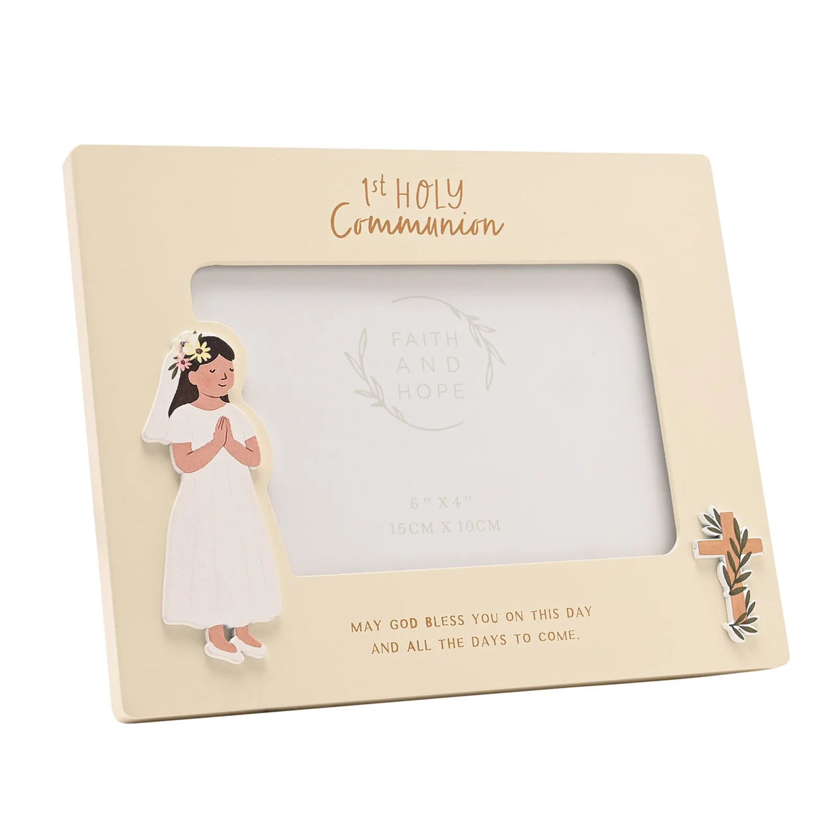 First Holy Communion photo frame with girl praying and “Faith and Hope” center
