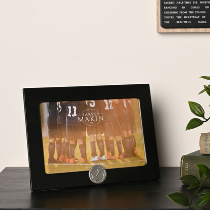 Black 6x4 football photo frame, clear window, silver soccer ball emblem