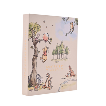 Winnie the Pooh milestone photo album with illustrated cover and “baby’s first milestone” text